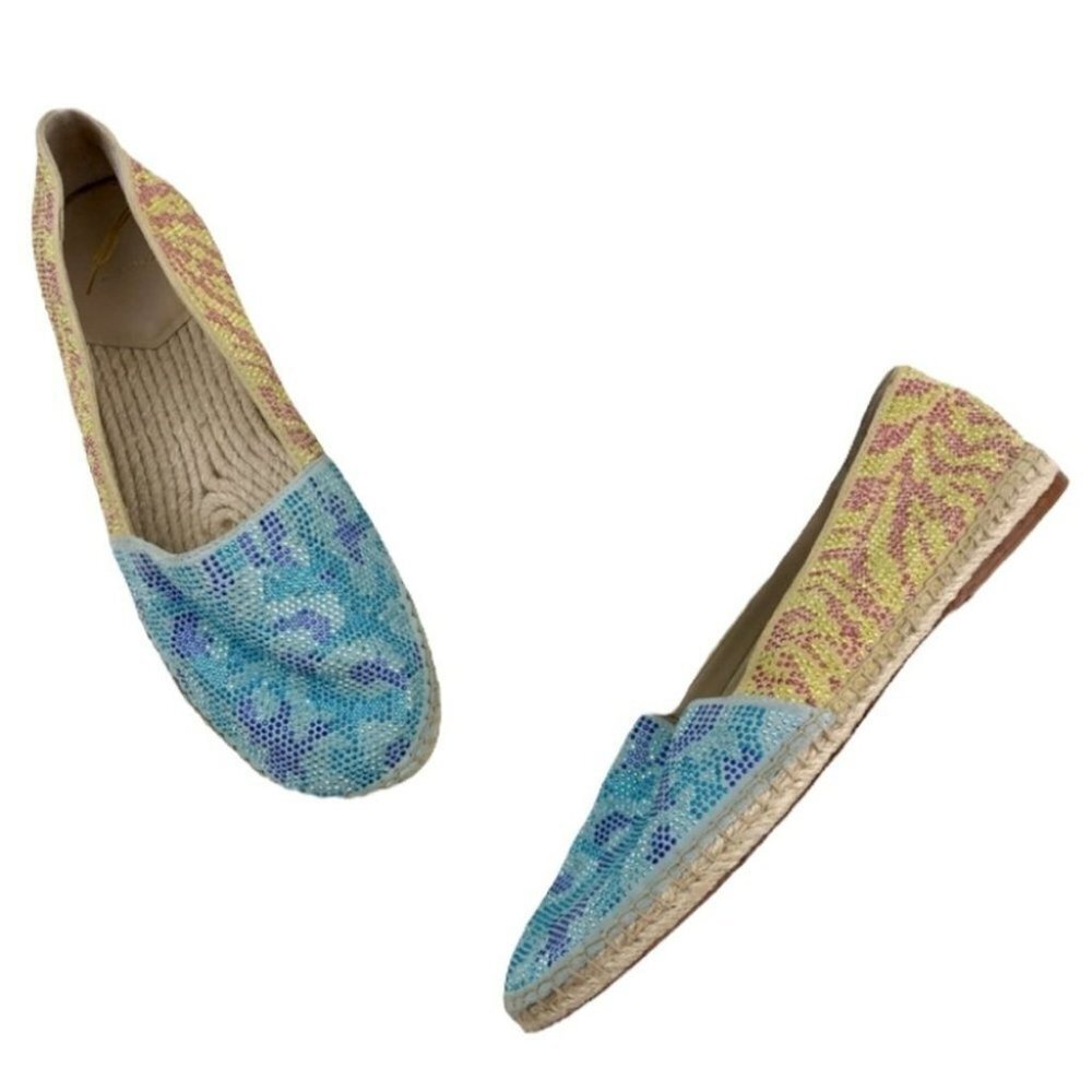 Brian Atwood Hartwell rhinestone  blue tan flat espadrilles women’s size 7